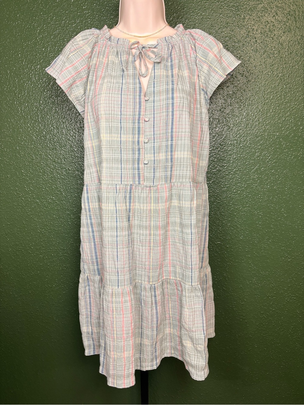 LOFT Light Pastel Plaid Tiered Babydoll Summer Dress